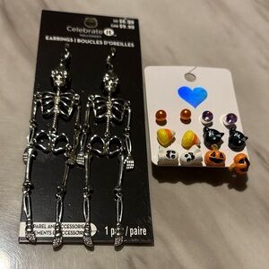 Silver Skeleton Earrings and Halloween Stud Set